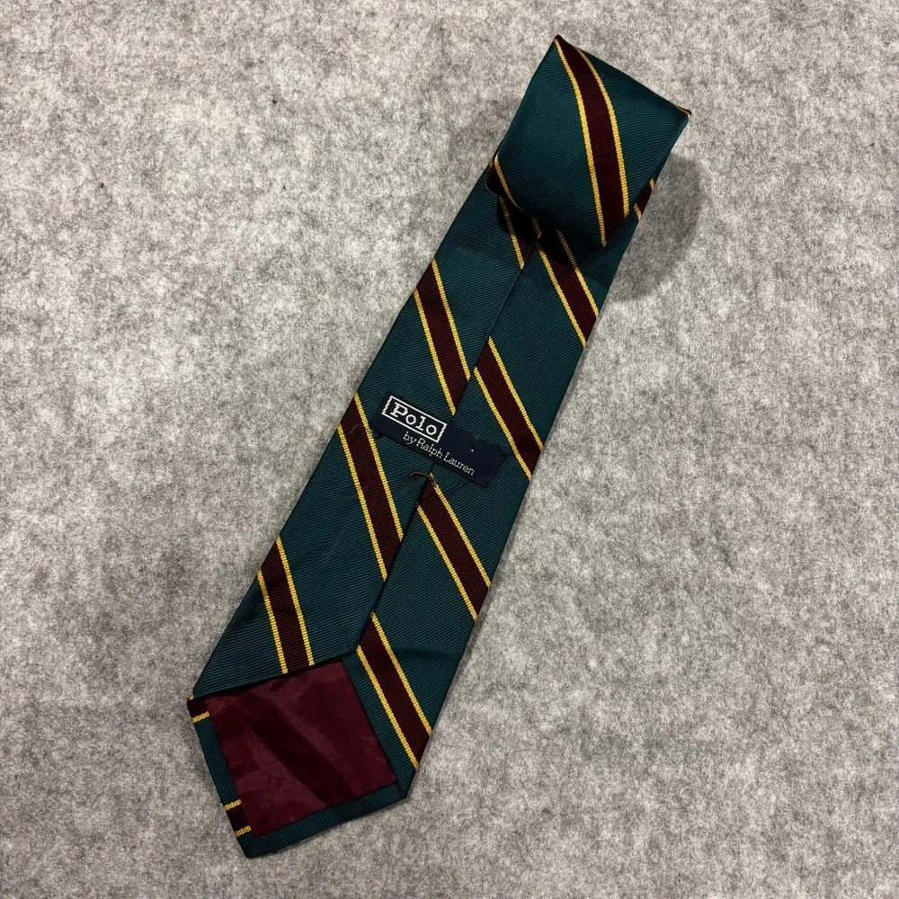 Polo by Ralph Lauren Vintage Men's Necktie Green Maroon Gold Striped Silk W3.5